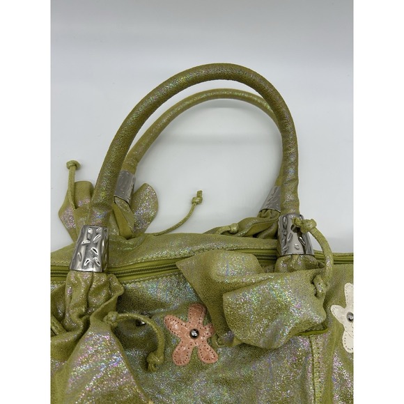 Chi Falchi Metallic Collage Hobo Shoulder Bag Lime Green Flowers Sparkly Leather - Picture 5 of 12